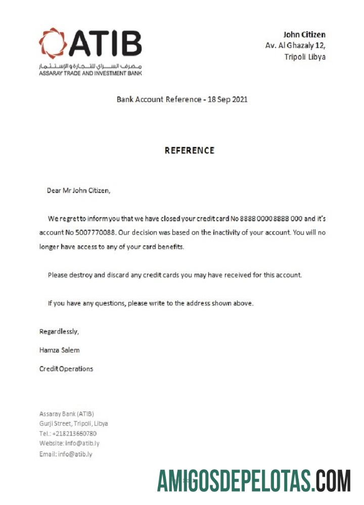 Referência de encerramento do Banco Assaray da Líbia exemplo